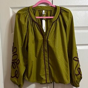 NWT glam Olive Green Embroidered Peasant Blouse with Plum Trim